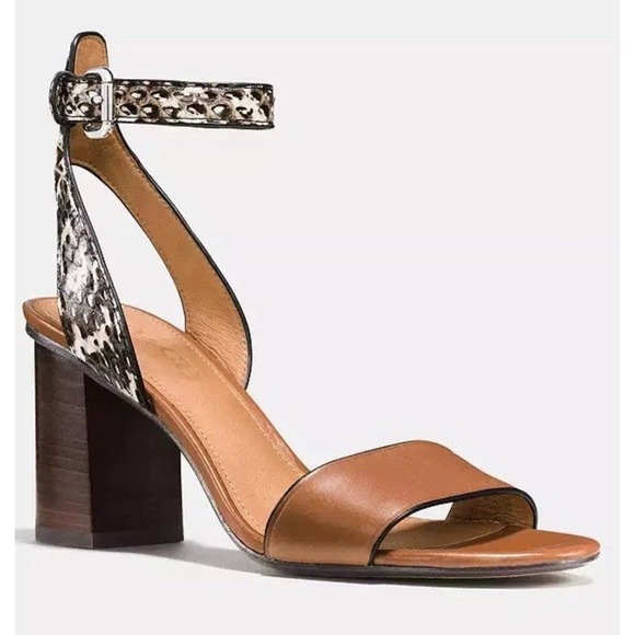 Coach Paige MAT Calf Land Snake Saddle Black And White Open Toe Size 8M New - Picture 1 of 8